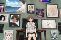 Rule 34 | animal, black hair, bob cut, brown eyes, brown hair, chair, commentary, computer, dog, formal, glasses, office chair, old, old woman, original, painting (object), portrait (object), short hair, short shorts, shorts, sitting, suit, swivel chair, twintails, user interface, yajirushi (chanoma)