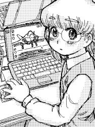 Rule 34 | 1girl, aircraft, airplane, computer, dithering, f-35, glasses, greyscale, jet, laptop, lowres, monochrome, oekaki, original, solo