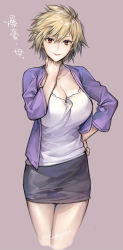 Rule 34 | 10s, 1girl, artist name, bakugou mitsuki, blonde hair, boku no hero academia, breasts, cleavage, cropped legs, hand on own hip, kaguyuzu, large breasts, long sleeves, looking at viewer, mature female, open clothes, pencil skirt, purple background, red eyes, short hair, signature, simple background, skirt, smile, solo, standing, text focus