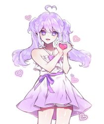 Rule 34 | 1girl, ahoge, bike shorts, bow, character request, commentary, dress, elsword, english commentary, heart, heart ahoge, heart hair, long hair, purple bow, purple dress, purple eyes, purple hair, rimsuk, shorts, smile, solo, symbol-only commentary, twintails, white background, white shorts