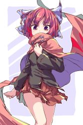 Rule 34 | 1girl, black shirt, blue background, blue bow, border, bow, cape, covered mouth, hair bow, holding, holding cape, holding clothes, isu (is88), long sleeves, looking at viewer, red cape, red eyes, red hair, red skirt, ribbon-trimmed bow, ribbon-trimmed shirt, sekibanki, shirt, short hair, skirt, solo, touhou, white border