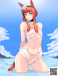 Rule 34 | 1girl, absurdres, alternate costume, animal ears, aqua eyes, arms behind back, bikini, blue sky, braid, closed mouth, cloud, cloudy sky, commentary request, cowboy shot, crown braid, flat chest, highres, horse ears, horse girl, horse tail, minew, ocean, orange hair, outdoors, partially submerged, qr code, silence suzuka (umamusume), sky, smile, solo, swimsuit, tail, umamusume, water