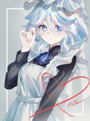 Rule 34 | 1girl, alternate costume, apron, ascot, blue ascot, blue hair, brooch, colored inner hair, commentary request, dekitateomoti, enmaided, furina (genshin impact), genshin impact, grey background, hand up, hat, heart, highres, jewelry, long sleeves, looking at viewer, maid, mob cap, multicolored hair, solo, upper body, white apron, white hair, white hat