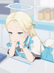 Rule 34 | 1girl, apron, blonde hair, blue apron, blue archive, blue eyes, blurry, blurry background, blush, closed mouth, commentary request, forehead, hair ribbon, halo, hand on own cheek, hand on own face, hands on own face, head rest, indoors, long hair, looking at viewer, mattaku mousuke, ribbon, scrunchie, shirt, short sleeves, solo, sora (blue archive), two side up, very long hair, wings, wristband