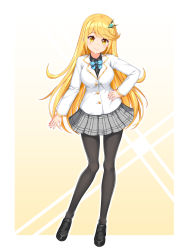 Rule 34 | 1girl, black footwear, black shirt, blazer, blonde hair, blue bow, blue bowtie, bow, bowtie, breasts, buttons, collared shirt, contemporary, hair ornament, hand on own hip, highres, jacket, long hair, long sleeves, looking at viewer, mythra (xenoblade), nintendo, pantyhose, plaid, plaid skirt, school uniform, shirt, skirt, smile, solo, swept bangs, very long hair, white background, white jacket, xenoblade chronicles (series), xenoblade chronicles 2, yellow eyes, yukiha kanade