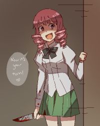 Rule 34 | 10s, 1girl, bad end, blood, bow, crazy smile, drill hair, english text, katawa shoujo, knife, lowres, mikado shiina, oekaki, pink eyes, pink hair, pleated skirt, school uniform, shaded face, skirt, smile, solo, twin drills, twintails, weee (raemz), yandere