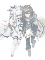 Rule 34 | 2girls, absurdres, arknights, armband, black pantyhose, boots, brown hair, closed eyes, closed mouth, coat, commentary, dress, expressionless, feather hair, full body, fur-trimmed coat, fur-trimmed footwear, fur trim, glasses, grey coat, grey sweater, highres, id card, infection monitor (arknights), jixing, long hair, long sleeves, multiple girls, notepad, official alternate costume, open clothes, open coat, owl ears, owl girl, pantyhose, ptilopsis (arknights), ptilopsis (elite ii) (arknights), rhine lab logo, round eyewear, shoulder-to-shoulder, silence (arknights), silence (frosted breath) (arknights), simple background, sweater, symbol-only commentary, thighhighs, unworn eyewear, white background, white coat, white dress, white hair, white thighhighs