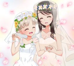 Rule 34 | 2girls, aki (girls und panzer), alternate hairstyle, alternate headwear, bad id, bad twitter id, bare shoulders, breasts, bridal veil, brown hair, cherry blossoms, cleavage, closed eyes, dress, earrings, facing another, female focus, flower, frilled cuffs, girls und panzer, hair flower, hair ornament, hair up, head wreath, highres, holding hands, jewelry, light brown hair, long hair, mika (girls und panzer), multiple girls, open mouth, petals, smile, strapless, strapless dress, tanutika, veil, wedding dress, white dress, wife and wife, yuri