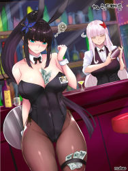 Rule 34 | 00s, 2girls, animal ears, bar (place), bare shoulders, bartender, between breasts, black bow, black bowtie, black hair, black legwear, black leotard, blue eyes, blunt bangs, blush, bow, bowtie, breasts, brown legwear, butterfly hair ornament, carrot earrings, cleavage, closed eyes, closed mouth, collarbone, collared shirt, cup, detached collar, drinking glass, dungeon and fighter, earrings, fake animal ears, food-themed earrings, food themed earrings, hair ornament, hairband, highleg, highleg leotard, id card, jewelry, korean text, large breasts, leotard, money, multiple girls, pantyhose, playboy bunny, ponytail, rabbit ears, shaojiang, shelf, shirt, sidelocks, silver hair, sleeves rolled up, squiggle, thigh strap, translation request, tray, tucked money, waistcoat, white shirt, wine glass, wrist cuffs