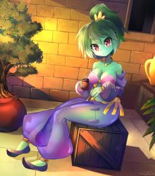 Rule 34 | 1girl, anklet, artist name, bare shoulders, bracelet, breasts, brick wall, cleavage, collarbone, colored skin, commentary, cosplay, cup, english commentary, green hair, green skin, head tilt, high ponytail, jewelry, large breasts, looking at viewer, necklace, ponytail, puffy pants, red eyes, rottytops, see-through, shantae, shantae (cosplay), shantae (series), shoes, short hair, sitting, smile, solo, spoon, takuyarawr, wooden box