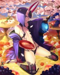 Rule 34 | 1girl, alcohol, barefoot, blurry, blush, breasts, cherry blossoms, cup, depth of field, fate/grand order, fate (series), flower, food, forehead jewel, fruit, grapes, highres, horns, japanese clothes, kimono, lily (flower), looking at viewer, navel, off shoulder, oni, open mouth, peach, petals, profile, purple eyes, purple hair, revealing clothes, sakazuki, sake, short hair, shuten douji (fate), sitting, skin-covered horns, small breasts, smile, solo, spill, spilling, teeth, thighhighs, tree, unknown showhey, wariza