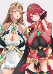 Rule 34 | 2girls, absurdres, bare legs, bare shoulders, black gloves, blonde hair, breasts, chest jewel, cleavage, cleavage cutout, clothing cutout, dress, earrings, elbow gloves, fingerless gloves, gloves, highres, jewelry, large breasts, long hair, mios1225, multiple girls, mythra (xenoblade), pyra (xenoblade), red eyes, red hair, red legwear, red shorts, short dress, short hair, short shorts, shorts, swept bangs, thighhighs, tiara, very long hair, white dress, white gloves, xenoblade chronicles (series), xenoblade chronicles 2, yellow eyes