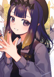 Rule 34 | 1girl, absurdres, artist name, black hat, blush, commentary, fingers together, hat, highres, hinasumire, hololive, hololive english, long hair, long sleeves, looking at viewer, ninomae ina&#039;nis, ninomae ina&#039;nis (casual), pointy ears, purple eyes, purple hair, purple sweater, sidelocks, smile, solo, sweater, tiara, v-neck, virtual youtuber