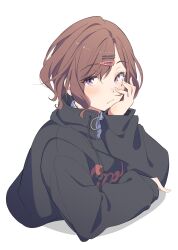 Rule 34 | 1girl, absurdres, black hoodie, blush, brown hair, closed mouth, cropped torso, eitopondo, hair ornament, hairclip, head rest, highres, higuchi madoka, hood, hoodie, idolmaster, idolmaster shiny colors, looking at viewer, mole, mole under eye, purple eyes, short hair, sidelocks, simple background, sleeves past wrists, solo, upper body, white background