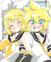 1boy 1girl blonde_hair blue_eyes bow detached_sleeves eromame hair_bow hair_ornament hair_ribbon hairclip holding_another&#039;s_arm kagamine_len kagamine_rin looking_at_viewer open_mouth ribbon smile vocaloid