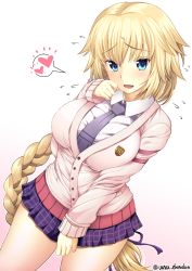 Rule 34 | 1girl, arms at sides, between breasts, blonde hair, blue eyes, blush, braid, breasts, cardigan, collared shirt, commentary, cowboy shot, dutch angle, fate/apocrypha, fate (series), flying sweatdrops, gradient background, grey necktie, hair ribbon, hand up, heart, jeanne d&#039;arc (capsule servant) (fate), jeanne d&#039;arc (fate), jeanne d&#039;arc (ruler) (fate), large breasts, long hair, looking at viewer, miniskirt, necktie, necktie between breasts, open mouth, pink background, plaid, plaid skirt, pleated skirt, purple ribbon, purple skirt, ribbon, school uniform, shirt, single braid, skirt, smile, solo, speech bubble, spoken heart, thighs, twitter username, unadon, very long hair, white shirt