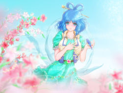 Rule 34 | 1girl, aqua dress, belt, bird, bird on hand, blue eyes, blue hair, blurry, blurry foreground, blush, breasts, closed mouth, collarbone, commentary request, day, depth of field, dress, dutch angle, floral print, flower, frills, hagoromo, hair ornament, hair rings, hair stick, hand on own chest, highres, kaku seiga, large breasts, light rays, looking at animal, looking down, open clothes, open vest, pink flower, puffy short sleeves, puffy sleeves, shawl, short sleeves, sky, smile, solo, standing, tomoru-cg, touhou, vest