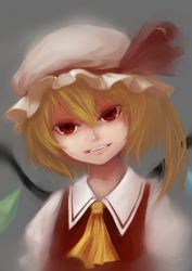 Rule 34 | 1girl, absurdres, ascot, bad id, bad pixiv id, blonde hair, close-up, embodiment of scarlet devil, fang, female focus, flandre scarlet, hat, hat ribbon, head tilt, highres, open mouth, portrait, red eyes, ribbon, short hair, signature, simple background, slit pupils, smile, sola7764, solo, touhou, upper body, wings