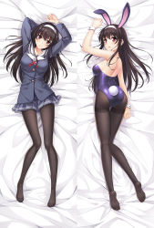 Rule 34 | 1girl, animal ears, arms up, ass, bare shoulders, bed sheet, black hair, blazer, blue skirt, blush, breasts, brown pantyhose, buttons, closed mouth, collarbone, commentary request, dakimakura (medium), fake animal ears, from above, full body, hair between eyes, hairband, jacket, kasumigaoka utaha, kirilenko (cgd), leotard, long hair, long sleeves, looking at viewer, lying, medium breasts, miniskirt, multiple views, no shoes, on back, on stomach, open mouth, pantyhose, playboy bunny, pleated skirt, rabbit ears, rabbit tail, red eyes, red ribbon, ribbon, saenai heroine no sodatekata, school uniform, shiny clothes, shirt, short sleeves, skirt, smile, tail, thigh gap, thighband pantyhose, white hairband