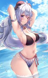 Rule 34 | 1girl, absurdres, alacarteneko, armpits, arms up, bell, blue hair, blue sky, breasts, cleavage, closed mouth, cloud, cloudy sky, cowbell, day, ganyu (genshin impact), genshin impact, highres, horns, large breasts, long hair, looking at viewer, navel, ocean, partially submerged, ponytail, purple eyes, sky, smile, swimsuit