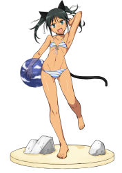 Rule 34 | 1girl, animal ears, aqua eyes, armpits, ball, barefoot, bikini, black hair, cat ears, cat tail, choker, fang, faux figurine, figure stage, flat chest, francesca lucchini, front-tie top, full body, head tilt, komusou (jinrikisha), legs up, navel, open mouth, rock, simple background, solo, strike witches, striped bikini, striped clothes, swimsuit, tail, twintails, world witches series