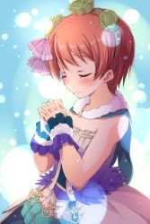 Rule 34 | 1girl, blue capelet, blurry, blush, bokeh, capelet, depth of field, closed eyes, flower, frills, fur-trimmed capelet, fur trim, hair flower, hair ornament, hairband, highres, hoshizora rin, love live!, love live! school idol festival, love live! school idol project, multicolored clothes, orange hair, own hands clasped, own hands together, praying, sen (sen0910), short hair, skirt, smile, solo, wrist cuffs, yellow flower