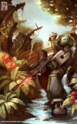 Rule 34 | 1boy, absurdres, blue sky, camouflage, flower, forest, gun, highres, jungle, looking at viewer, male focus, martin houlden, nature, overgrown, phantasy star, phantasy star online, racast, rifle, robot, ruins, signature, sky, solo, standing, stream, tree, water, weapon