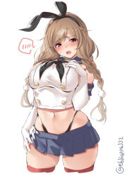 Rule 34 | 1girl, black panties, blush, braid, breasts, brown eyes, cloud hair ornament, cosplay, cowboy shot, crop top, ebifurya, elbow gloves, gloves, hair ribbon, hairband, highleg, highleg panties, highres, kantai collection, large breasts, light brown hair, long hair, looking at viewer, microskirt, minegumo (kancolle), navel, open mouth, panties, ribbon, sailor collar, shimakaze (kancolle), shimakaze (kancolle) (cosplay), simple background, skirt, solo, striped clothes, striped thighhighs, swimsuit, thighhighs, thong, twin braids, twitter username, underwear, white background, white gloves