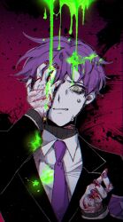 Rule 34 | 1boy, 3cnfw, black sweater, blood, clenched teeth, collared shirt, crying, enkephalin (project moon), hand up, hands up, highres, lobotomy corporation, looking at viewer, male focus, necktie, project moon, purple hair, purple necktie, scar, scar on hand, shirt, solo, sweater, sweater under shirt, teeth, upper body, white shirt, yellow eyes, yesod (project moon)