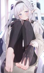Rule 34 | 1girl, barefoot, black gloves, black hairband, black robe, blue archive, blush, closed mouth, commentary, flower, gloves, hair flower, hair ornament, hair tubes, hairband, highres, himari (blue archive), jacket, long hair, long sleeves, mia cbx, mole, mole under eye, pointy ears, powered wheelchair, purple eyes, robe, solo, striped clothes, striped hairband, toenails, toes, wheelchair, white flower, white hair, white jacket
