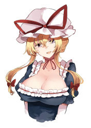 Rule 34 | 1girl, :d, arms at sides, blonde hair, blush, breasts, choker, cleavage, collarbone, commentary request, cropped torso, deetamu, dress, elbow gloves, eyelashes, frilled dress, frilled sleeves, frills, gloves, hair between eyes, hat, hat ribbon, highres, large breasts, long hair, looking at viewer, mob cap, open mouth, puffy short sleeves, puffy sleeves, purple dress, purple eyes, red choker, red ribbon, ribbon, ribbon choker, short sleeves, simple background, smile, solo, teeth, tongue, touhou, upper body, upper teeth only, white background, white gloves, white hat, yakumo yukari