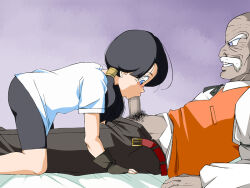 Rule 34 | 1girl, :&gt;=, age difference, amedama akihito, bed, bike shorts, black hair, blue eyes, blush, censored, clenched teeth, dr. gero (dragon ball), dragon ball, dragonball z, facial hair, fellatio, fingerless gloves, from side, gloves, legs, lying, mosaic censoring, mustache, old, old man, old school academy, on bed, oral, penis, shirt, simple background, smile, teeth, thighs, twintails, videl, white shirt