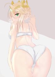 Rule 34 | 1girl, artoria pendragon (all), artoria pendragon (fate), artoria pendragon (lancer) (fate), ass, bare shoulders, bra, braid, breasts, breath, fate/grand order, fate/stay night, fate (series), green eyes, highres, kesoshirou, looking at viewer, looking back, panties, saber (fate), solo, thigh gap, thighs, underwear, underwear only, white bra, white panties