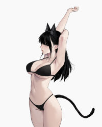 Rule 34 | 1girl, animal ears, armpits, arms up, bad id, bad pixiv id, bikini, black bikini, black hair, breasts, cat ears, cat tail, cleavage, collarbone, cowboy shot, dongho kang, grey background, halterneck, highleg, highleg bikini, highres, large breasts, long hair, looking to the side, mole, mole on armpit, navel, original, parted lips, sidelocks, simple background, solo, stretching, swimsuit, tail, yellow eyes