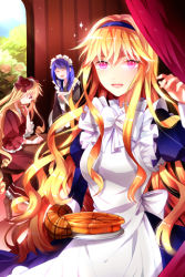 Rule 34 | ^ ^, apron, arm up, blonde hair, blue hair, cinia pacifica, closed eyes, curtains, dress, closed eyes, food, hairband, holding, japanese clothes, kimono, kojawra, linia pacifica, long hair, lowres, maid, maid apron, open mouth, pie, plate, red eyes, seron (sword girls), sitting, smile, sword girls, very long hair, wavy hair