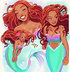 Rule 34 | 1girl, ariel (disney), bare shoulders, breasts, bubble, cleavage, closed eyes, dreadlocks, fins, fish, fish tail, flounder (the little mermaid), flower, fumisketchies, grin, hair flower, hair ornament, heart, highres, long hair, medium breasts, mermaid, mole, mole on forehead, monster girl, red hair, red lips, smile, split tail, tail, the little mermaid (2023), underwater