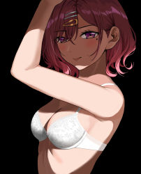 Rule 34 | 1girl, arm up, bare arms, black background, blush, bra, breasts, cleavage, closed mouth, hair between eyes, hair ornament, hairclip, hand on own head, highres, higuchi madoka, idolmaster, idolmaster shiny colors, lace, lace-trimmed bra, lace trim, lips, medium breasts, mole, mole under eye, nonbire, purple eyes, red hair, short hair, sidelocks, simple background, solo, swept bangs, underwear, underwear only, upper body, white bra