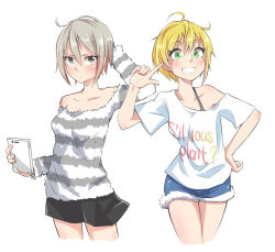Rule 34 | 10s, 2girls, ?, ahoge, arm behind head, bare shoulders, blonde hair, blush, bra strap, closed mouth, clothes writing, collarbone, cosplay, costume switch, cutoffs, earrings, finger to face, french text, green eyes, grey hair, grin, hair between eyes, hand on own hip, holding, idolmaster, idolmaster cinderella girls, index finger raised, ishii takuma, jewelry, looking at viewer, miyamoto frederica, multiple girls, off shoulder, print shirt, shiomi syuko, shirt, short hair, short shorts, shorts, simple background, smile, striped clothes, striped shirt, t-shirt, text focus, white background