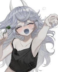 Rule 34 | 1girl, :d, armpits, bare shoulders, black tank top, blush, bottle cap, closed eyes, collarbone, crop top, cup, dot nose, drinking glass, facing viewer, fangs, flat chest, frost fog, grey hair, hair between eyes, highres, holding, holding cup, horns, long hair, midriff, open mouth, original, sidelocks, simple background, smile, solo, square mouth, strap slip, swept bangs, tank top, upper body, water drop, white background