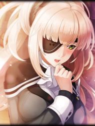 Rule 34 | aphrodite (phantom of the kill), artist request, black capelet, blonde hair, blush, breasts, capelet, eyepatch, green eyes, large breasts, long hair, official art, open mouth, phantom of the kill, solo