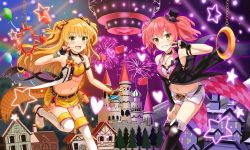 Rule 34 | 10s, 2girls, absurdres, black footwear, black gloves, blonde hair, boots, bow, bra, bracelet, breasts, cleavage, collarbone, crop top, fingerless gloves, fireworks, gloves, grin, hair bow, hand on lap, hat, high heel boots, high heels, highres, idolmaster, idolmaster cinderella girls, jewelry, jougasaki mika, jougasaki rika, leaning forward, long hair, looking at viewer, medium breasts, midriff, mini hat, multiple girls, musk tiger, navel, necklace, open mouth, pink hair, short shorts, shorts, siblings, sister, sisters, skirt, small breasts, smile, star (symbol), thigh boots, thighhighs, twintails, two side up, underwear, v, w, white bra, white footwear, white shorts, yellow eyes, yellow skirt