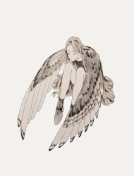 Rule 34 | 1girl, cochlea1313, closed eyes, facing viewer, feathered wings, full body, harpy, highres, knees up, long hair, monster girl, no mouth, original, shoes, simple background, sitting, solo, white background, wings