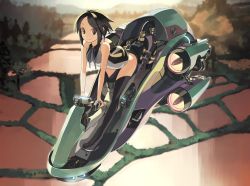 Rule 34 | 1girl, aircraft, bent over, black hair, black thighhighs, boots, brown eyes, engine, flying, hover bike, legs, letterboxed, looking at viewer, motor vehicle, no pants, original, outdoors, parted bangs, revision, rice paddy, riding, shihou (g-o-s), shirt, short hair, sleeveless, sleeveless shirt, smile, solo, thigh boots, thighhighs, vehicle