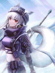 Rule 34 | 1girl, 3 (sanyako1), absurdres, animal ears, arknights, belt, black headwear, breasts, closed mouth, clothes writing, crop top, day, ears through headwear, fox ears, fox girl, fox tail, frostleaf (arknights), frostleaf (breaking the ice) (arknights), grey hair, headphones, headphones around neck, highres, holding, holding weapon, light rays, long hair, looking at viewer, medium breasts, navel, official alternate costume, outdoors, red eyes, snow, solo, sparkle, sunbeam, sunlight, tail, upper body, weapon