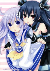 Rule 34 | 2girls, :o, :p, absurdres, ahoge, bare shoulders, black hair, blush, bow, choker, choujigen game neptune mk2, clothes lift, d-pad, d-pad hair ornament, dress, dress lift, elbow gloves, fingerless gloves, gloves, hair bow, hair ornament, highres, horizontal-striped background, long hair, multiple girls, nepgear, neptune (series), official art, open mouth, purple eyes, purple hair, red eyes, ribbon, scan, school uniform, skirt, skirt lift, smile, striped, striped background, tears, thighhighs, tongue, tongue out, tsunako, two side up, uni (neptunia)