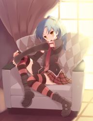 Rule 34 | 1girl, amami haruka, amami haruka (cosplay), bad id, bad pixiv id, blue hair, blush, boots, brown eyes, cosplay, couch, detached sleeves, flat chest, highres, hugging own legs, idolmaster, idolmaster (classic), kisaragi chihaya, komi zumiko, leg lift, legs, long hair, necktie, ponytail, punkish gothic, sitting, skirt, sleeves past wrists, solo, striped clothes, striped thighhighs, thighhighs