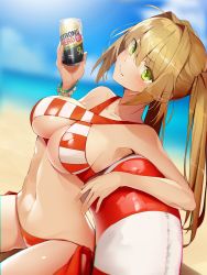 Rule 34 | 10s, 1girl, ahoge, bare shoulders, beach, bead bracelet, beads, bikini, blonde hair, blurry, blurry background, blush, bracelet, brand name imitation, breasts, can, cleavage, closed mouth, collarbone, criss-cross halter, day, fate/extra, fate/grand order, fate (series), green eyes, hair between eyes, hair intakes, halterneck, highres, innertube, jewelry, large breasts, long hair, looking at viewer, melikecurry, navel, nero claudius (fate), nero claudius (fate) (all), nero claudius (swimsuit caster) (fate), red bikini, side-tie bikini bottom, sitting, smile, solo, striped bikini, striped clothes, swim ring, swimsuit, twintails