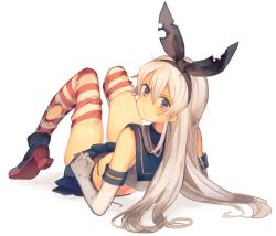 Rule 34 | 10s, 1girl, alternate hair color, blue eyes, dirty, elbow gloves, from behind, gloves, hairband, kantai collection, long hair, looking at viewer, lying, microskirt, on back, rom (romshiro), school uniform, serafuku, shimakaze (kancolle), silver hair, simple background, skirt, solo, striped clothes, striped thighhighs, thighhighs, torn clothes, torn thighhighs, white background, white gloves