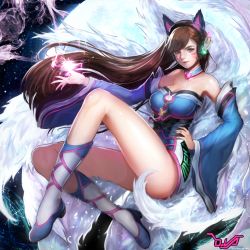 Rule 34 | 10s, 1girl, 2016, acronym, adapted costume, ahri (league of legends), ahri (league of legends) (cosplay), animal ears, animal print, artist name, bad anatomy, bad id, bad leg, bad pixiv id, bare shoulders, blizzard (company), blue dress, blue footwear, breasts, brown eyes, brown hair, character name, choker, cleavage, cosplay, d.va (overwatch), dated, detached sleeves, dress, energy ball, facepaint, facial mark, fake animal ears, fox ears, fox tail, hand on own hip, headphones, high heels, highres, knee up, kneehighs, korean clothes, large breasts, league of legends, legs, lipstick, long hair, long legs, long sleeves, looking at viewer, makeup, matching hair/eyes, multiple tails, nail polish, nose, overwatch, overwatch 1, parted lips, pink lips, pink nails, rabbit print, shoes, signature, smile, socks, solo, strapless, strapless dress, swept bangs, tail, tassel, ttaji (pass35), very long hair, whisker markings, wide sleeves