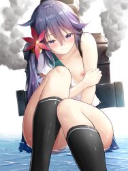 Rule 34 | 1girl, akebono (kancolle), blush, breasts, closed mouth, embarrassed, flower, hair flower, hair ornament, highres, kantai collection, long hair, nipples, oekakizuki, panties, purple eyes, purple hair, side ponytail, sitting, sitting on water, small breasts, socks, solo, tears, torn clothes, underwear, water, white panties